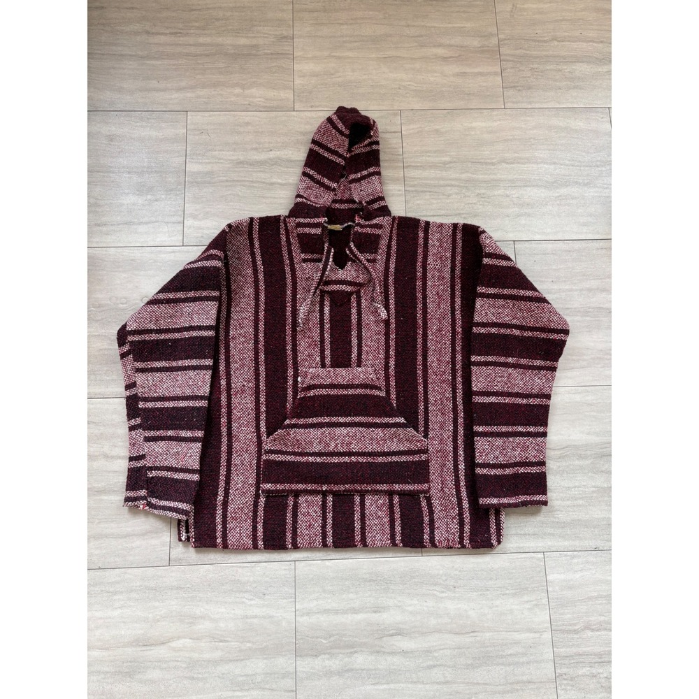 Cuamatzi Mexican Textiles Baja Hoodie Burgundy Striped Woven Pullover Large